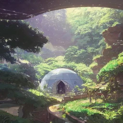 Image similar to geodesic dome with gardens and waterfall, gapmoe kuudere moody lighting stunning bokeh highlights sharp contrast | trending pixiv fanbox | by greg rutkowski makoto shinkai takashi takeuchi studio ghibli