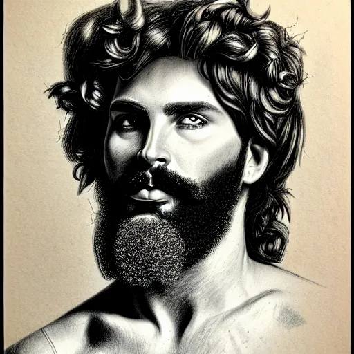 Prompt: high - detailed portrait of bearded god dionysus with leaves and grape in his hair, tom finland, pencil drawing