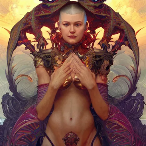 Image similar to cyborg dragon, cinematic lighting, intricate, elegant, highly detailed, digital painting, artstation, sharp focus, illustration, psychedelic colors, art by artgerm and greg rutkowski and alphonse mucha and Wayne Barlowe and william-adolphe bouguereau