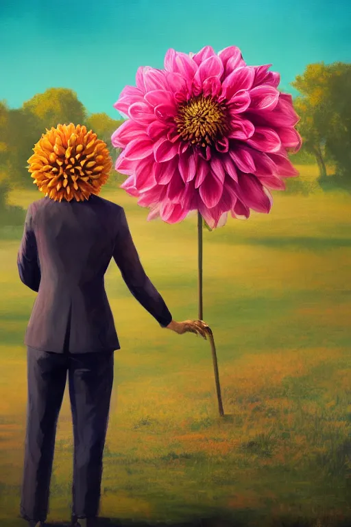 Image similar to portrait giant dahlia flower head, frontal, girl in a suit, standing in street, surreal photography, sunrise, dramatic light, impressionist painting, digital painting, artstation, simon stalenhag