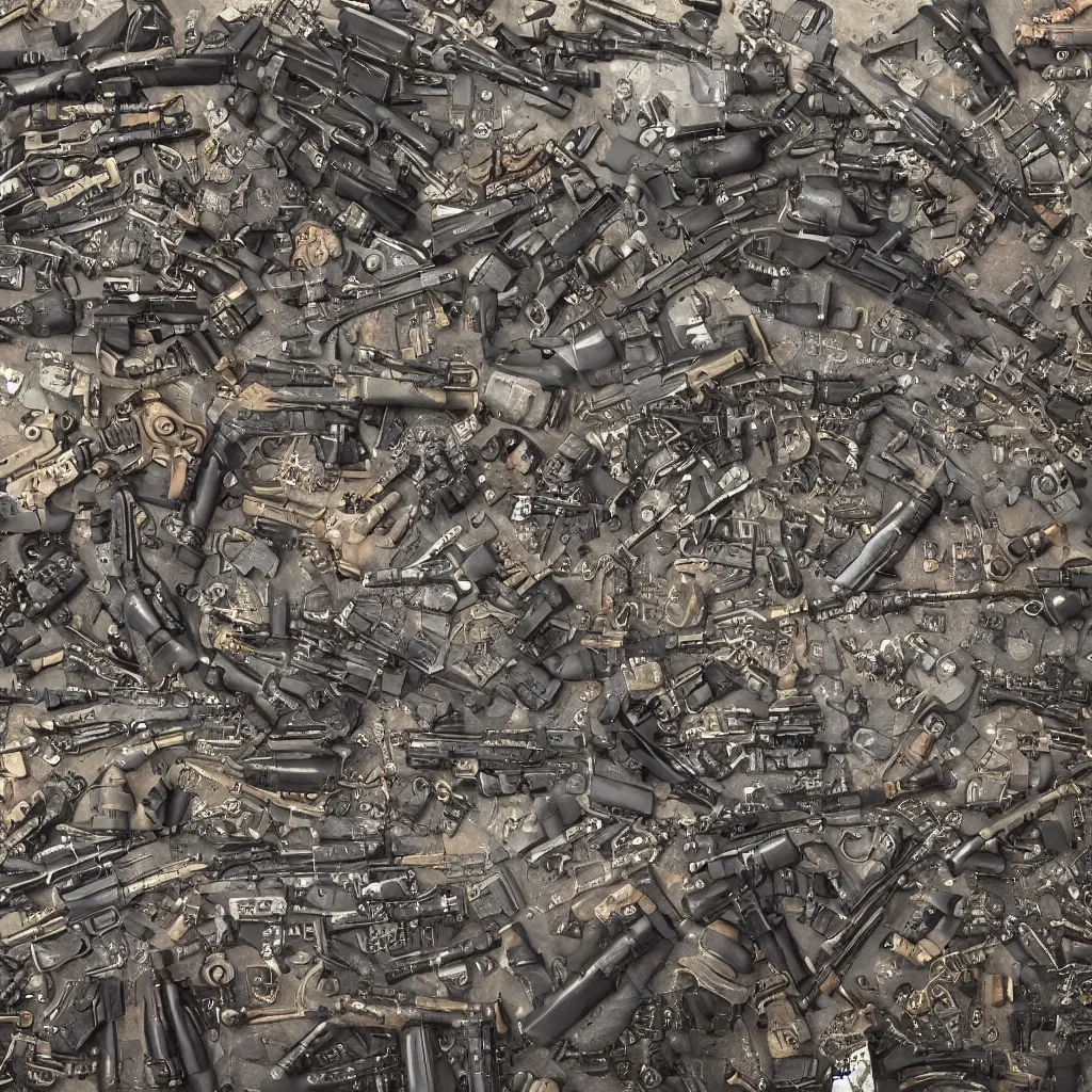 Image similar to kaleidoscope of machine guns, shotguns, rifles, revolvers, bullets, ultra-realistic, intricate details, 4k