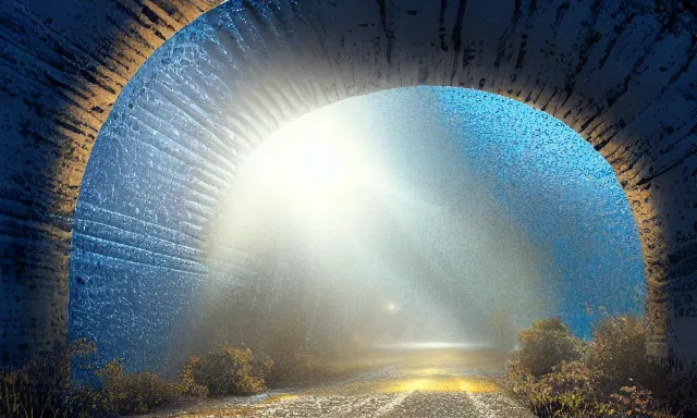 Image similar to beautiful photograph of a vertical tunnel made of raindrops in the blue sky, between a dried up river and the sun, highly-detailed, fantastic, dramatic lighting, artstation, 4k