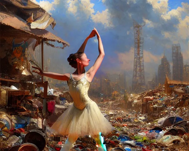 Prompt: a ballerina dancing at a rubbish dump. highly detailed painting by gaston bussiere, craig mullins, j. c. leyendecker 8 k