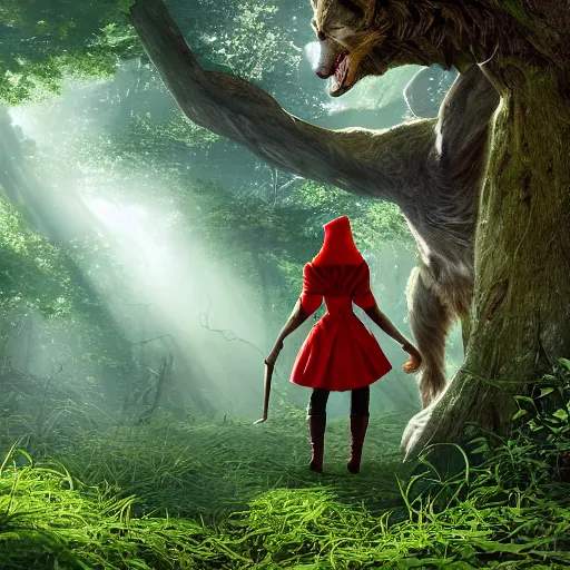 Image similar to portrait of a cute and beautiful, smirking heavily armed little red riding hood, getting attacked by a werewolf from behind in a lush green forest, sharp focus, unreal engine 5, digital illustration, volumetric light, highly detailed, intricate, by michael whelan, james gurney, 8 k