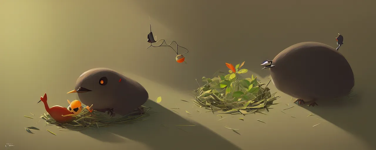 Prompt: gori fujita ilustration a game development studio, little bird building a nest close up painting by goro fujita, sharp focus, highly detailed, artstation