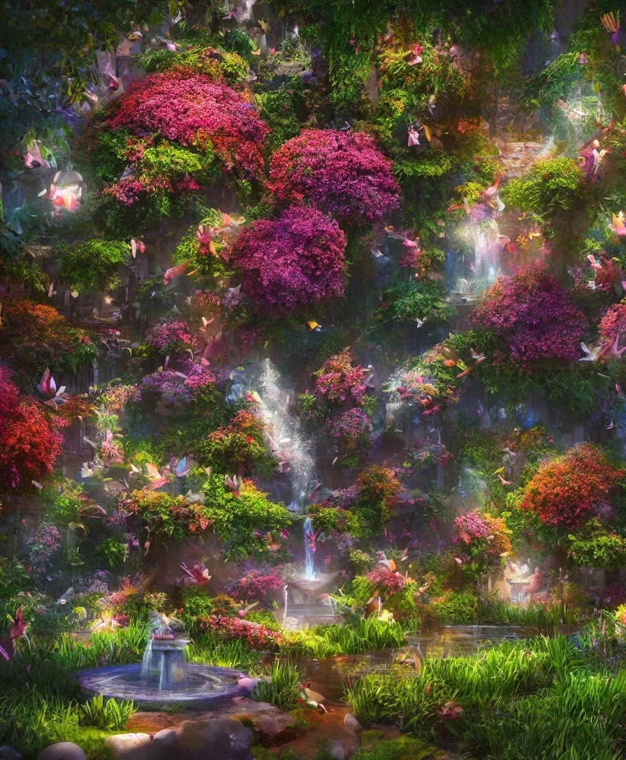 Prompt: beautiful Hyperrealistic Secret flower garden, water fountain, birds flying, highly detailed, digital painting, volumetric lighting, trending artstation, concept art, illustration, cinematic lighting, vibrant colors, photorealism, epic, octane render