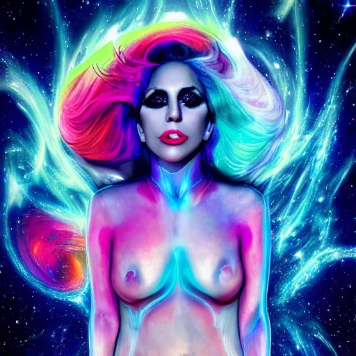 Image similar to lady gaga, lady gaga, lady gaga, galaxies and nebula flowing out of his body, artgerm, psychedelic floral planets