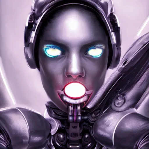 Image similar to a realistic detailed beautiful portrait of a cybernetic woman eating a big glowing orb, mouth open, cyberpunk concept art, digital art, highly detailed, intricate, sci-fi, sharp focus, Trending on Artstation HQ, deviantart, unreal engine 5, 4K UHD image, hyperrealistic, photorealistic, art by artgerm and greg rutkowski and alphonse mucha