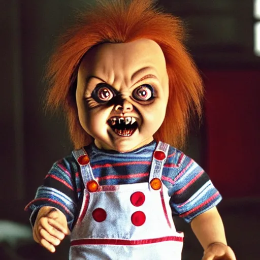 Image similar to chucky the killer doll standing in a room full of creepy evil killer dolls