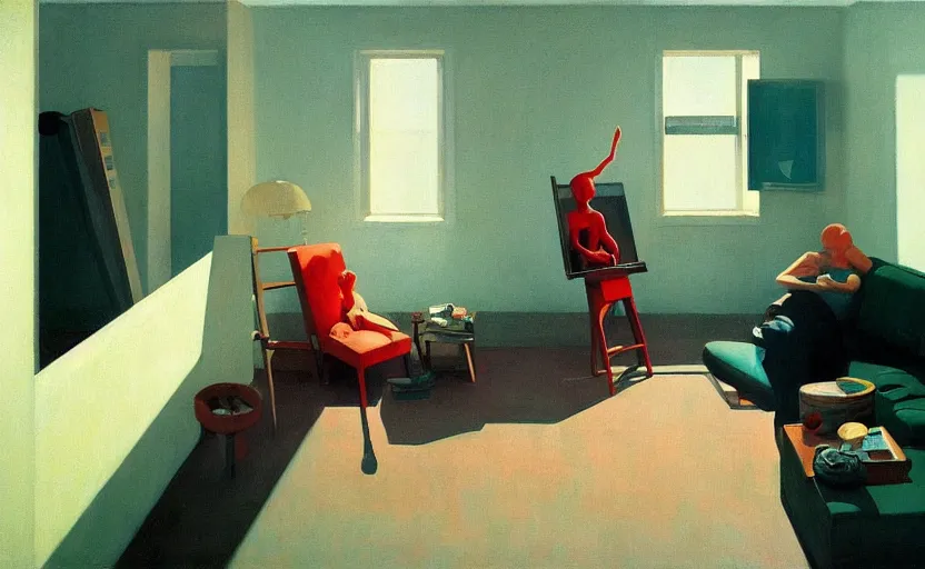 Image similar to Inside a lo-fi apartment, very coherent, painted by Edward Hopper, Wayne Barlowe, painted by James Gilleard, airbrush, art by James Jean