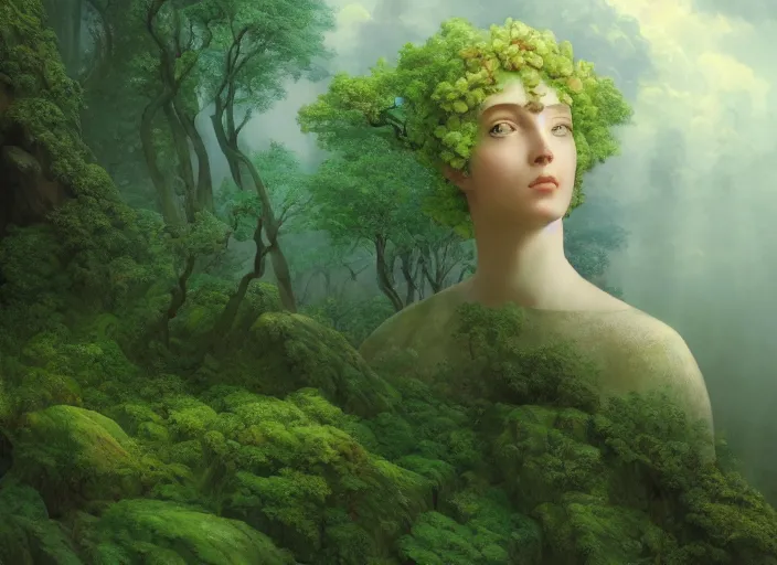 Prompt: a portrait of idealistic marble statue with fractal flowery hair and fair porcelain face and green eyes, in a magical forest, painted in watercolour by, mc escher, gordon onslow ford, georgia o'keeffe and ivan aivazovsky, cinematic light, god rays, colourful, unreal engine, zbrush central,