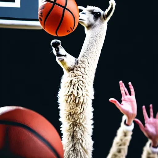 Image similar to a photo of a llama dunking a basketball, 4 k, photography, high resolution