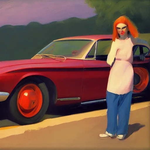 Image similar to Half body portrait with car, dated a woman that lived on Cooterneck Road, She had a catfish Camero and was cooler than me, by Edward Hopper, Bo Bartlett, and Cynthia Sheppard, Artstation