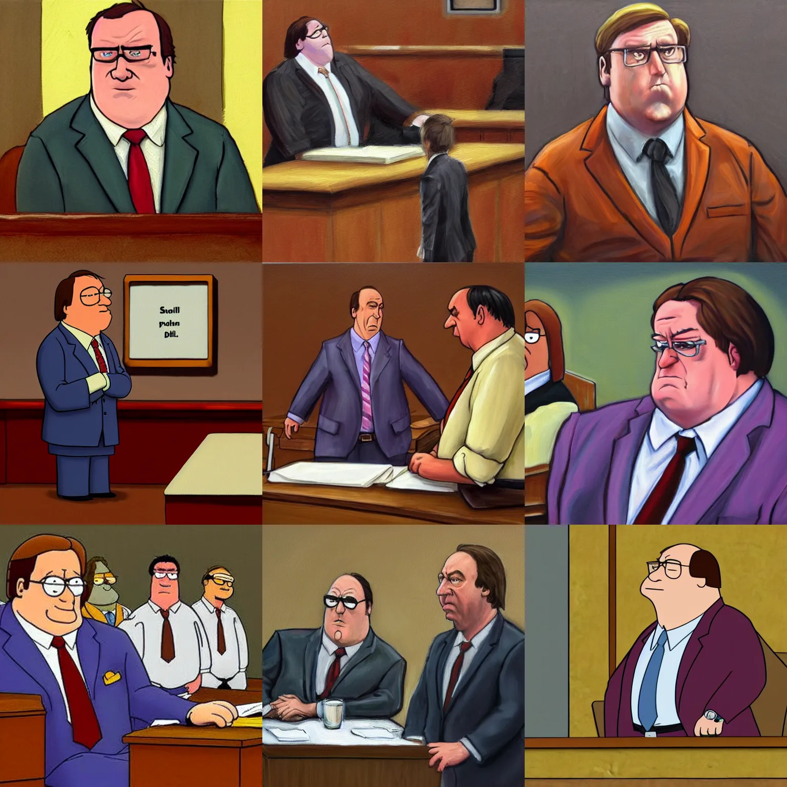 Prompt: saul goodman defends peter griffin in court, realistic oil painting