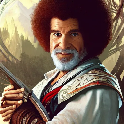 Image similar to an ultra detailed vector image of bob ross dressed as ezio auditore, concept art by alphonse mucha and greg rutkowski, praise the blood moon, octane render, cosmic horror, scary little trees