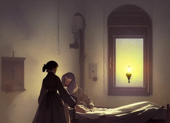 Image similar to 1 8 5 4 crimea, florence nightingale holding lamp, army hospital in scutari at night, wounded patients in beds on both sides of hospital ward, dirty floor, grimy walls, finely detailed perfect art, painted by greg rutkowski makoto shinkai takashi takeuchi studio ghibli