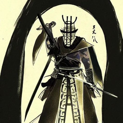 Prompt: a !beautiful White cloaked Samurai Warrior with Sword Drawn by Mitsuru Adachi :: Concept Art