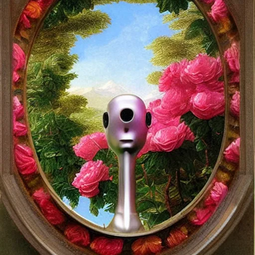 Image similar to a highly detailed painting by Thomas Cole of a vaporwave alternative reality mirror, robot head with flowers growing out, highly detailed 3d rendering from 1996