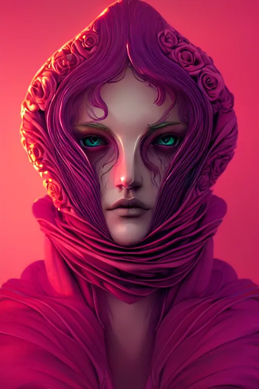 Image similar to 👁🌹👾, phantom, dreary, dramatic, fluid, golden ratio, artstation, moebius + loish, hd,