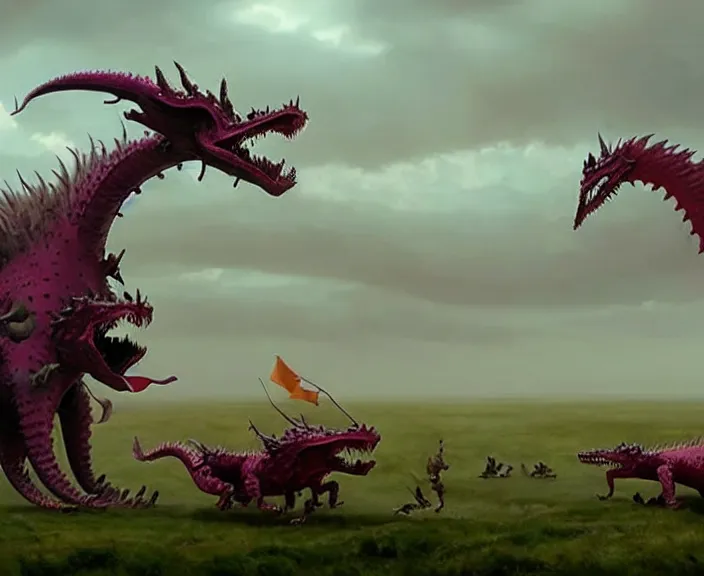 Prompt: still frame from jakub rozalski Cloudy with a Chance of Meatballs 2 (2013) of majestic dragon fruit sandworm dragon and his corn knights minions army in vast plains, Scyth game art by beksinski scenography by Giger by Jakub Różalski by Jakub rozalski