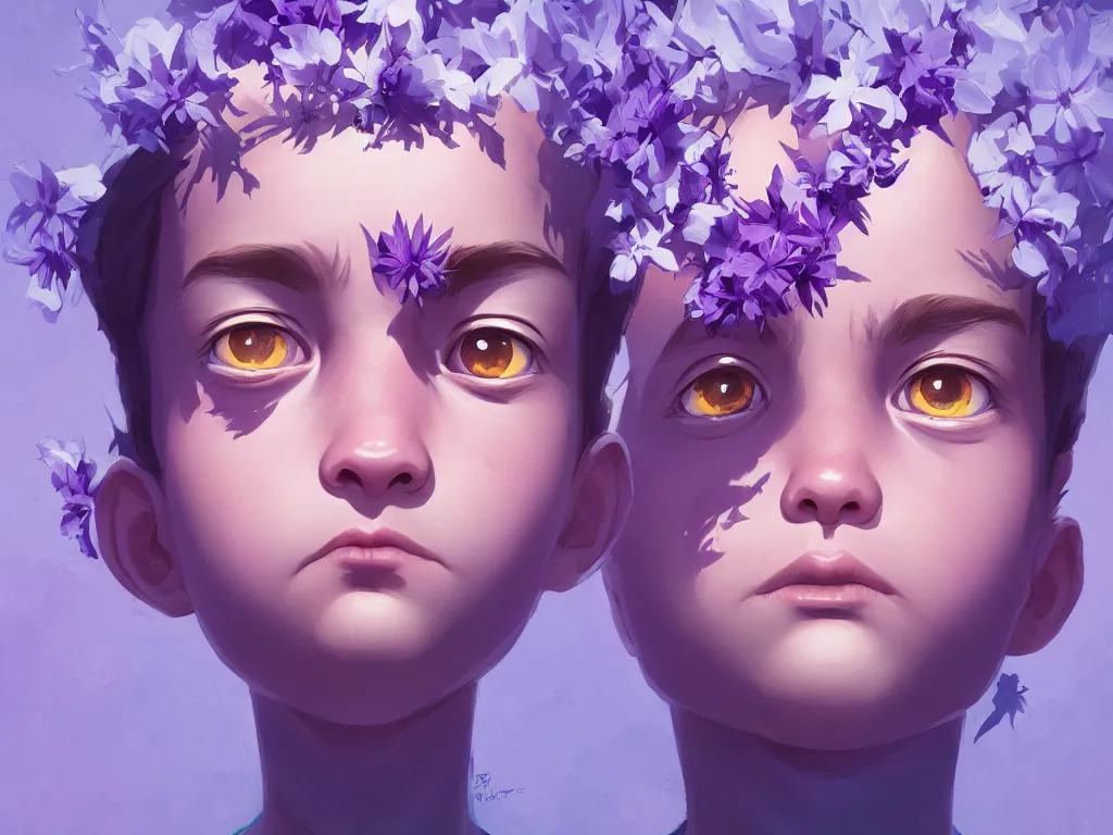 Image similar to kid with symmetrical beauty face, purple flowers of marijuana hemp cannabis, behance hd, by jesper ejsing, by rhads, makoto shinkai, lois van baarle, ilya kuvshinov, rossdraws global illumination, golden ratio