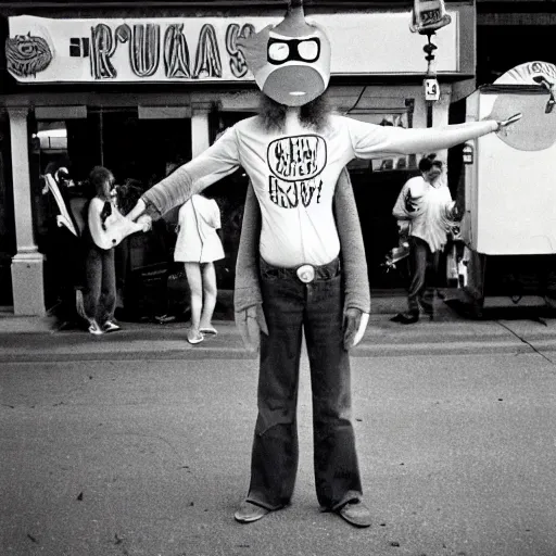 Prompt: early from squidbillies as a 1970s street performer, analog photography, realism