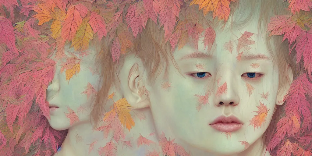 Image similar to breathtaking detailed pattern pastel colors of an ethereal ginger teenager with a face made of autumn leaves, by hsiao - ron cheng, bizarre compositions, exquisite detail, 8 k