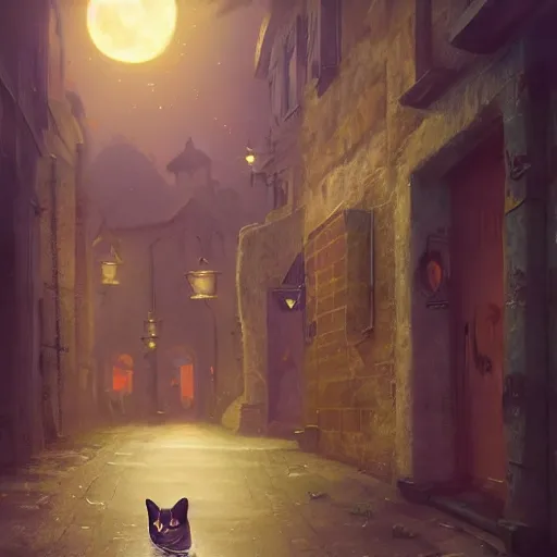 Prompt: Portraiture of Misty-Mitzy the Moon Moggy, huggy wuggy from poppy playtime video game sneaking through the streets of a medieval village at night, glowing lights, oil painting, Greg Rutkowski, Charlie Bowater, Beeple, unreal 5, DAZ, hyperrealistic, octane render, RPG portrait, dynamic lighting, fantasy art, beautiful face