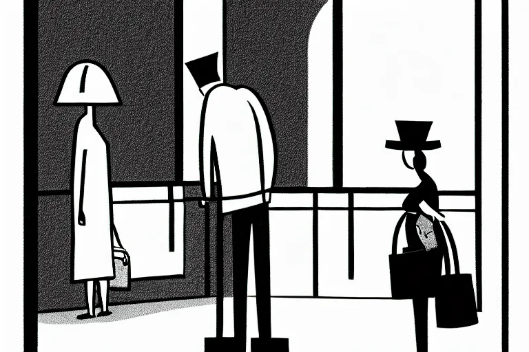 Image similar to tall, security guard checks the bags of a worried looking woman, art in the style of the new yorker, ed koren