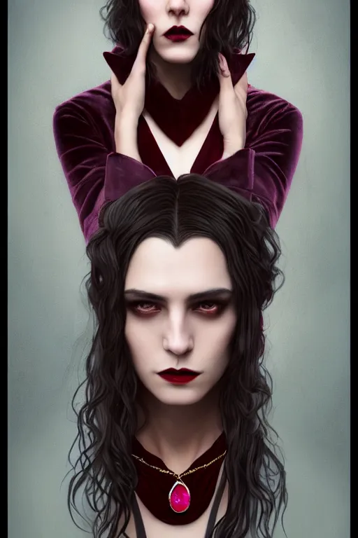 Image similar to a beautiful androgynous man, long thick dark hair, deep brown eyes, vampire, dressed in velvet, wearing a ruby pendant, illustration, dramatic lighting, soft details, painting oil on canvas, art nouveau, octane render, HDR, 4k, 8k, HD, by Edmund Blair Leighton, Brom, Charlie Bowater, faces by otto schmidt