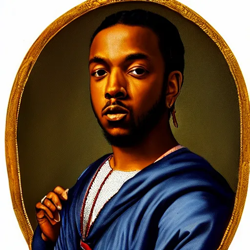 Prompt: a renaissance style portrait painting of kendrick lamar