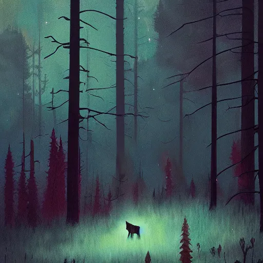 Prompt: wolf in the forest surreal photography, dark night, stars, moon light, impressionist painting, clouds, digital painting, artstation, simon stalenhag