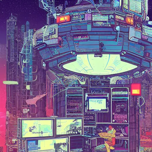 Image similar to cyberpunk explorer playing video games in his treehouse, highly detailed, 4k, midnight, by Victo Ngai and James Gilleard , Moebius, Laurie Greasley