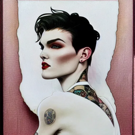 Image similar to beautiful portrait of androgynous ruby rose as desire from sandman in a white tuxedo!!!, rockabilly style,, by alphonse mucha, by jeremy mann, by peter lindbergh, cedric peyravernay, by frank moth, white suit and black tie, soft lightning, high detailed, 8 k