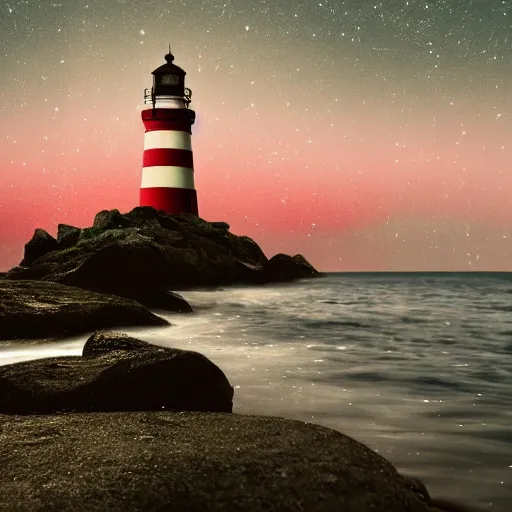 Image similar to Photography, very detailed, hyper-realistic A red and white striped lighthouse shining out onto the sea; a white house with a red roof with the lights on inside; thin dark trees behind; nighttime with stars behind; full moon; 8k