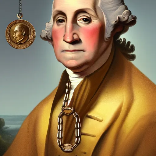 Image similar to a closeup photorealistic illustration of a happy George Washington holding wearing a chain around his neck with a small gold Doubloon coin as a necklace. This 4K HD image is Trending on Artstation, featured on Behance, well-rendered, extra crisp, features intricate detail and the style of Unreal Engine.