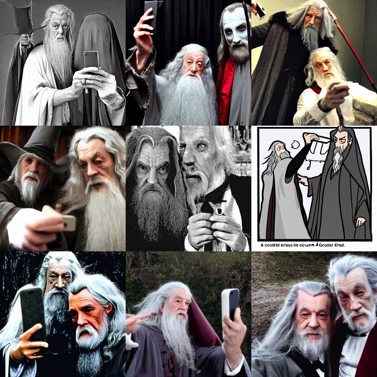 Prompt: Gandalf, the gray takes a selfie with count Dracula