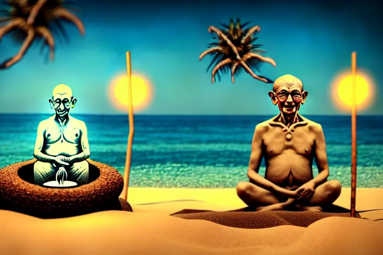 Image similar to gandhi with a big head and a small body, at the beach, sitting on the sand next to a campfire, with palm trees in the back, intricate detail, illustration, caustics, octane render, radiant light, 4 k