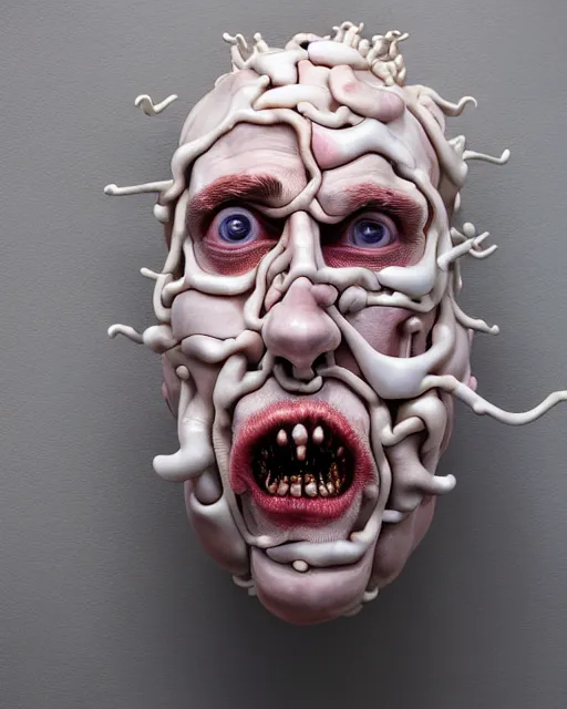 Prompt: a massive porcelain sculpture in an psychosphere of nicholas cage's face spewing cybertronic bones from his mouth, in the style of johnson tsang, funny sculpture, lucid dream series, oil on canvas, francis bacon