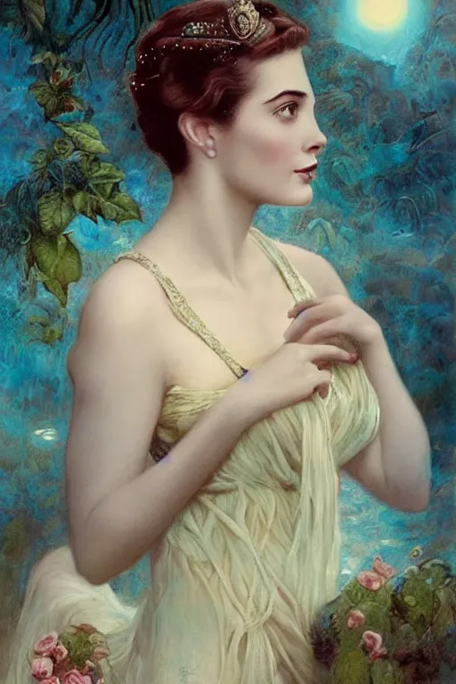 Image similar to A young and extremely beautiful Grace Kelly explaining the birds and the bees by Tom Bagshaw in the style of a modern Gaston Bussière, art nouveau, art deco, surrealism. Extremely lush detail. Night scene. Perfect composition and lighting. Profoundly surreal. Lush surrealistic photorealism. Sultry and mischevious expression on her face.