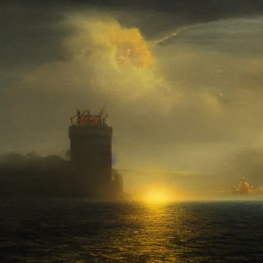 Prompt: a ship off the shore of a beautiful coast with a distant ominous tower filled with evil technology glowing in the distance