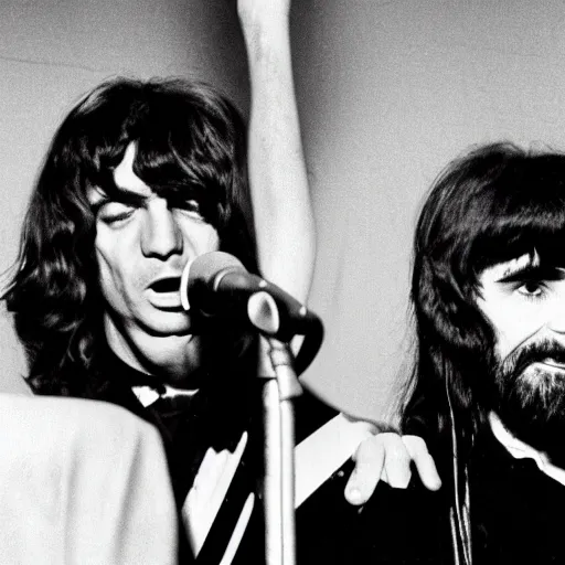 Image similar to charles manson singing with the beatles, black and white, portrait, high quality photography, realistic, detailed, uncropped, realistic face,