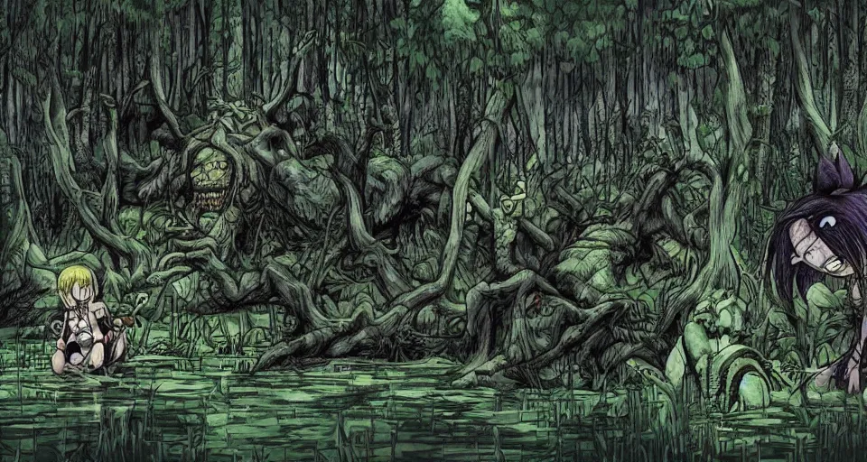 Image similar to A dense and dark enchanted forest with a swamp, from One piece