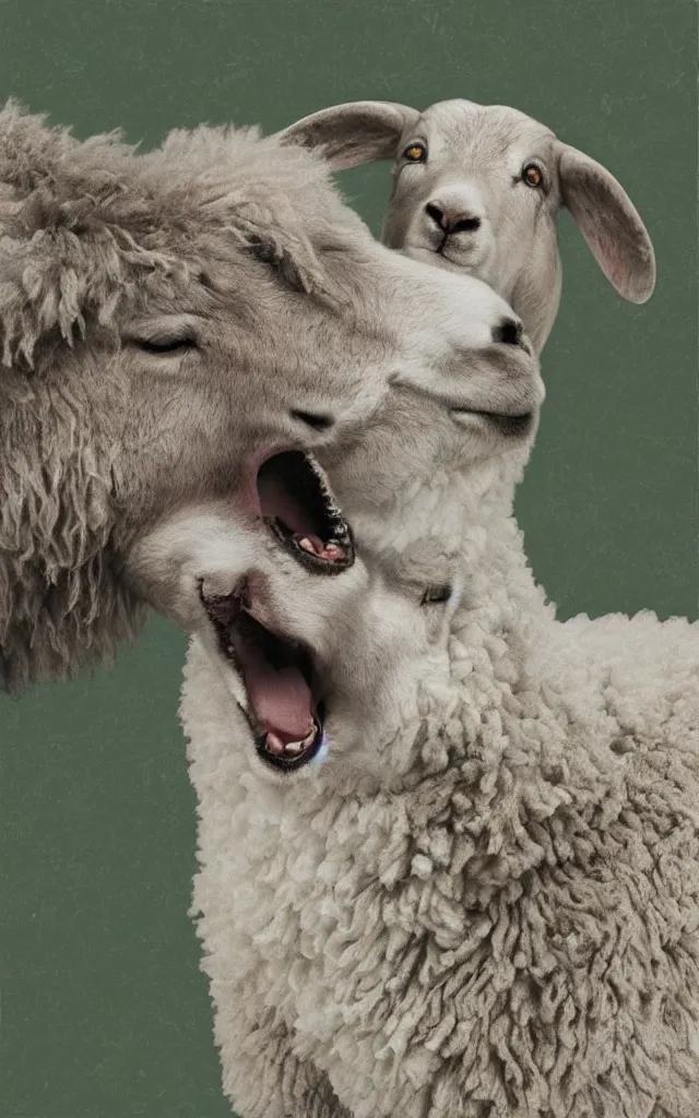 a beksinki sheep biting the neck of a realistic wolf | Stable Diffusion ...