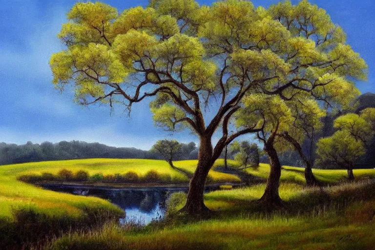 Prompt: masterpiece painting of oak trees on a hillside overlooking a creek, dramatic lighting, by jane graverol