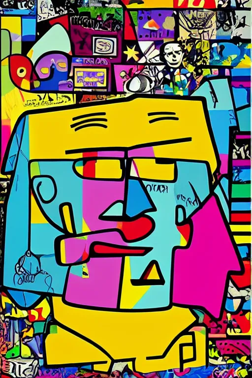 Prompt: moai statue popart slap face caricature cartoon graffity, romero britto, mark ryden bill cipher colorful vibrant beeple, by thomas kinkade