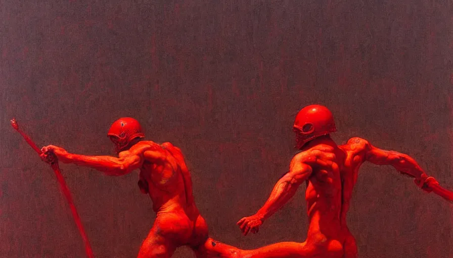 Image similar to only with red, a red gladiator in a crowded roman amphitheatre, crowd cheers him, in the style of beksinski, parts by edward hopper, parts by rodcenko, parts by yue minjun, intricate and epic composition, red by caravaggio, insane quality, highly detailed, masterpiece, red light, artstation