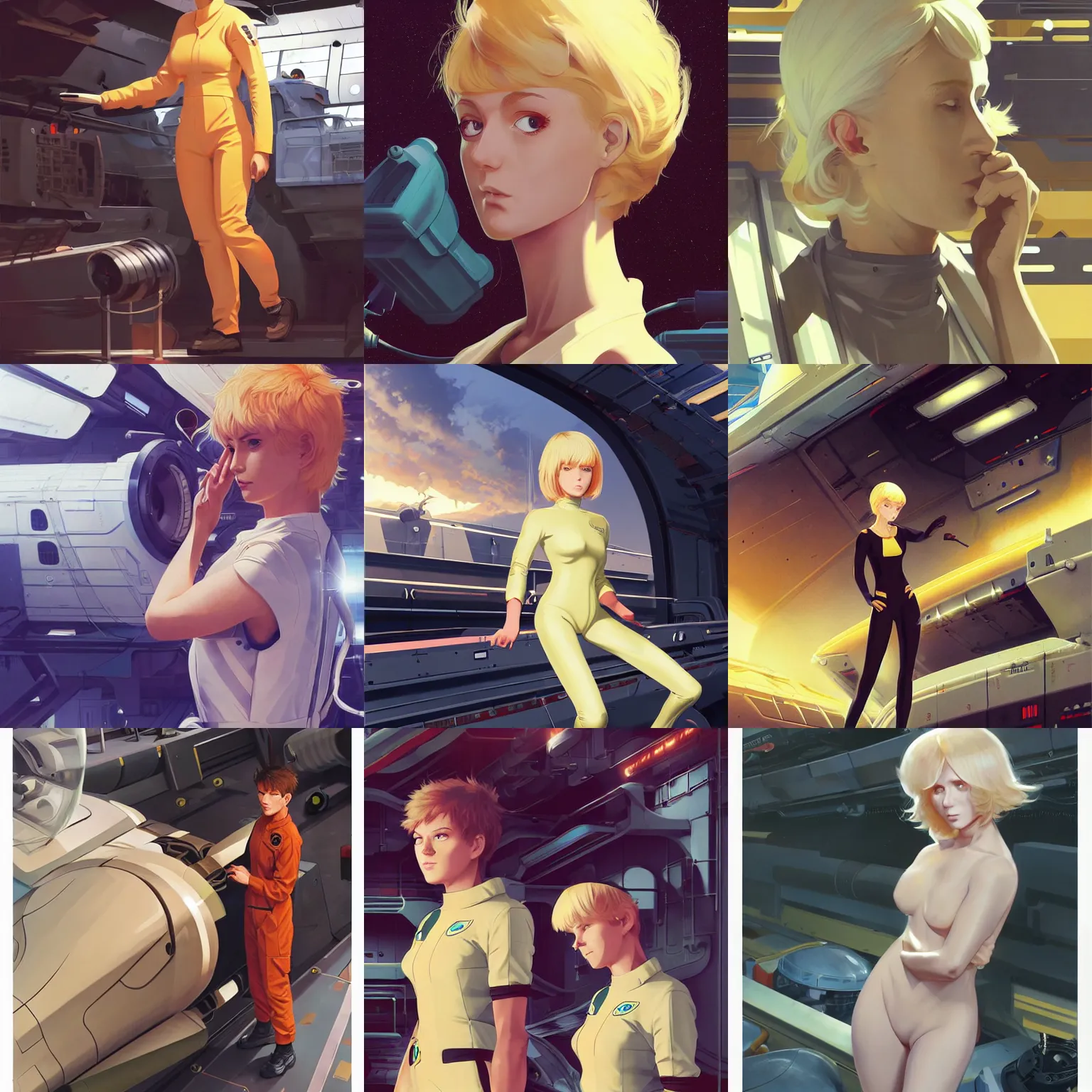 Prompt: spaceship mechanic at work in a busy docking bay, blonde, jumpsuit, finely illustrated face, highly detailed, matte, tankobon, in the style of ilya kuvshinov and krenz cushart and william - adolphe bouguereau