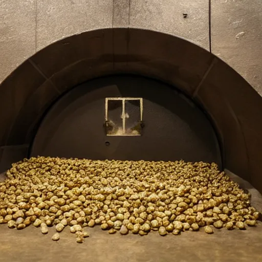 Prompt: an open bank vault with potato's pouring out of it