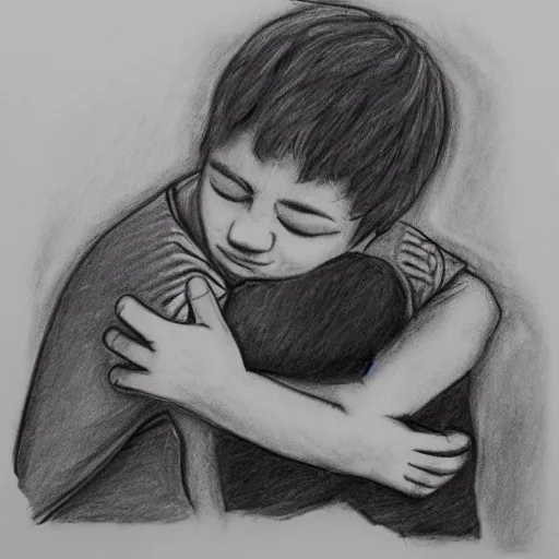 Image similar to sentimental boy hugging a cactus, pencil sketch, black and white